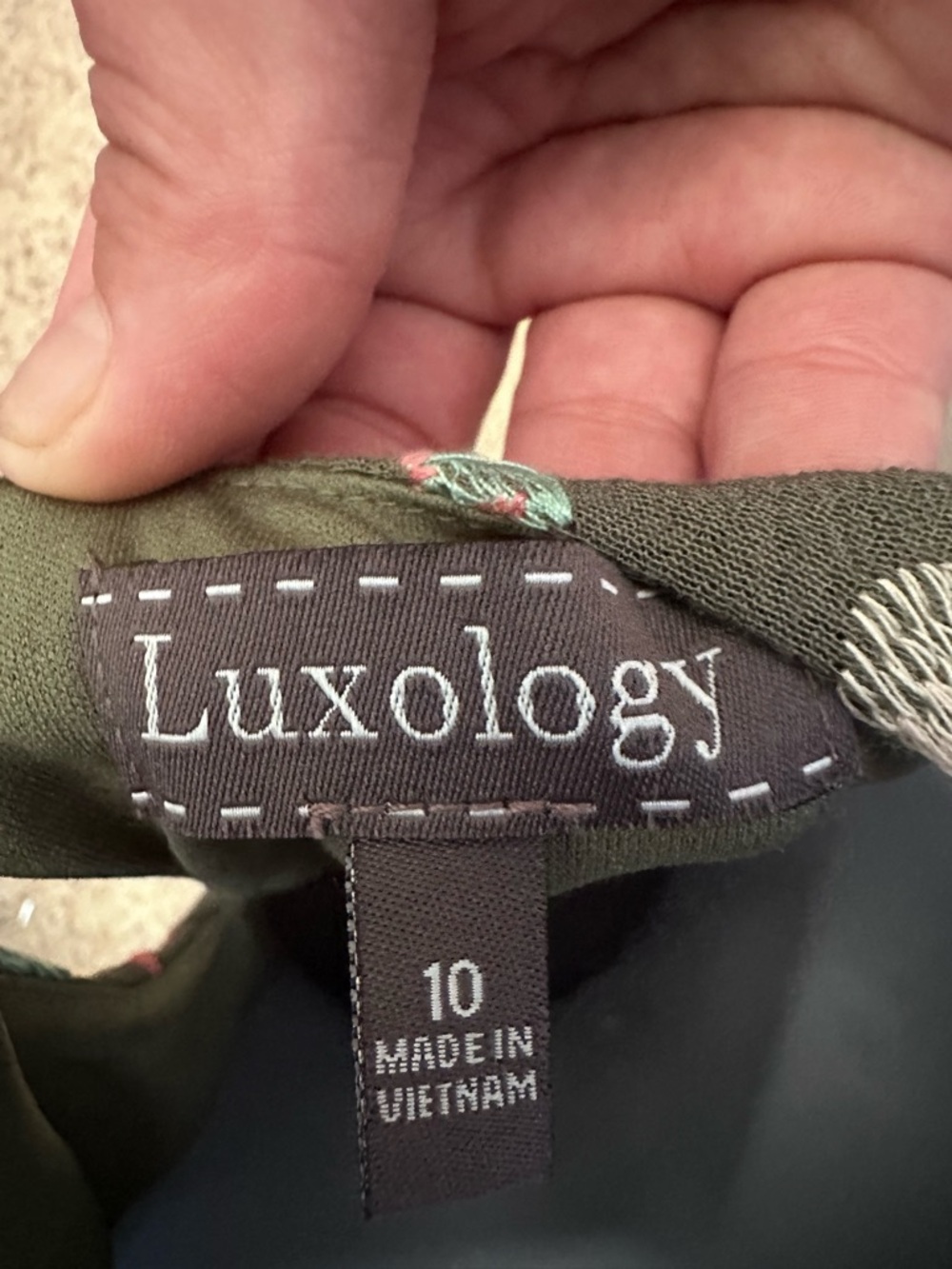 Luxology Embroidered Cold-Shoulder Olive Floral Dress with 3/4 flared sleeves - Picture 2 of 7